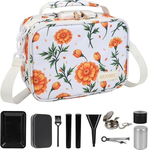 Orange Floral Travel Smell Proof Carrier Bag with 9 Small Accessories, Water-Resistant Organizers Box Case For Storing Your Products, Medicine Bag with Combination Lock, Great Gift for Friend. in Saudi Arabia