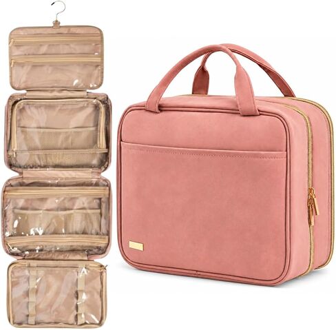 Pink Hanging Travel Toiletry Bag for Women, Large Makeup Bag and Cosmetic Organizer, Soft-touch Vegan Leather, TSA Approved Clear Pouch, Gifts for Women in Kuwait