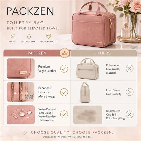 Pink Hanging Travel Toiletry Bag for Women, Large Makeup Bag and Cosmetic Organizer, Soft-touch Vegan Leather, TSA Approved Clear Pouch, Gifts for Women in Kuwait