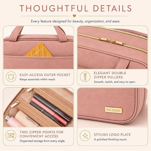 Pink Hanging Travel Toiletry Bag for Women, Large Makeup Bag and Cosmetic Organizer, Soft-touch Vegan Leather, TSA Approved Clear Pouch, Gifts for Women in Kuwait
