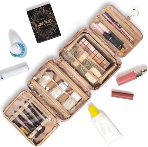 Pink Hanging Travel Toiletry Bag for Women, Large Makeup Bag and Cosmetic Organizer, Soft-touch Vegan Leather, TSA Approved Clear Pouch, Gifts for Women in Kuwait
