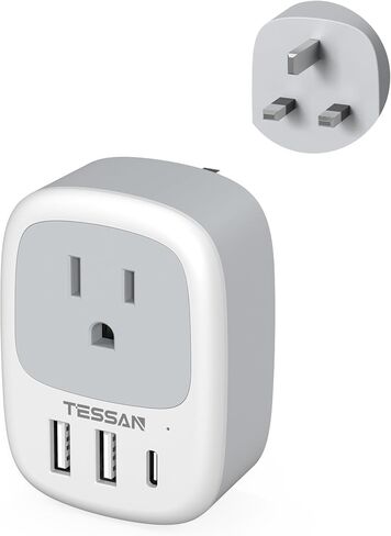 UK Adapters for Travel, TESSAN US to UK Plug Adapter, Ireland Outlet Plug with 3 USB Charger (1 USB C Port), Type G Power Adaptor for USA to England Qatar Hong Kong Scotland Dubai London Kenya Irish in Kuwait
