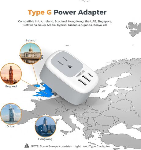 UK Adapters for Travel, TESSAN US to UK Plug Adapter, Ireland Outlet Plug with 3 USB Charger (1 USB C Port), Type G Power Adaptor for USA to England Qatar Hong Kong Scotland Dubai London Kenya Irish in Kuwait