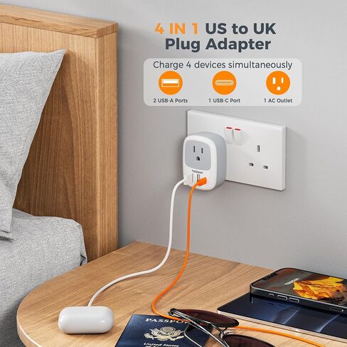 UK Adapters for Travel, TESSAN US to UK Plug Adapter, Ireland Outlet Plug with 3 USB Charger (1 USB C Port), Type G Power Adaptor for USA to England Qatar Hong Kong Scotland Dubai London Kenya Irish in Kuwait