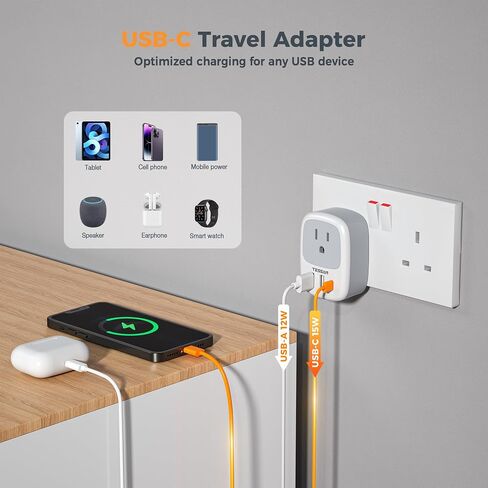 UK Adapters for Travel, TESSAN US to UK Plug Adapter, Ireland Outlet Plug with 3 USB Charger (1 USB C Port), Type G Power Adaptor for USA to England Qatar Hong Kong Scotland Dubai London Kenya Irish in Kuwait