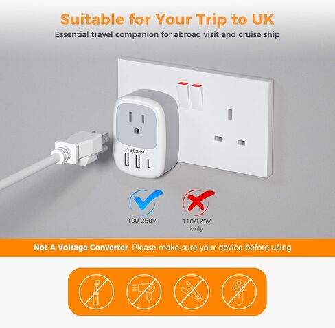 UK Adapters for Travel, TESSAN US to UK Plug Adapter, Ireland Outlet Plug with 3 USB Charger (1 USB C Port), Type G Power Adaptor for USA to England Qatar Hong Kong Scotland Dubai London Kenya Irish in Kuwait