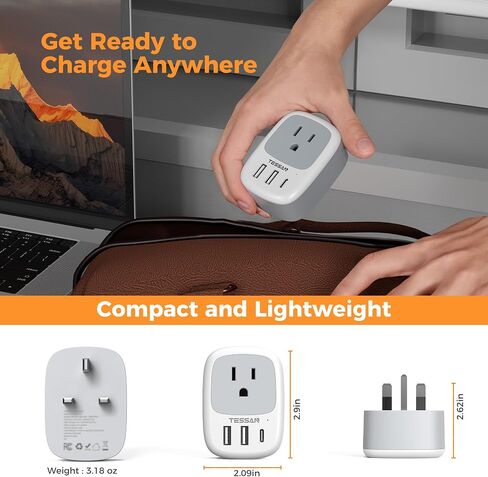 UK Adapters for Travel, TESSAN US to UK Plug Adapter, Ireland Outlet Plug with 3 USB Charger (1 USB C Port), Type G Power Adaptor for USA to England Qatar Hong Kong Scotland Dubai London Kenya Irish in Kuwait