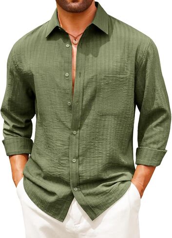 Runcati Mens Button Down Linen Shirts Long Sleeve Casual Textured Shirt Cotton Beach Hippie Tops with Pocket in Kuwait