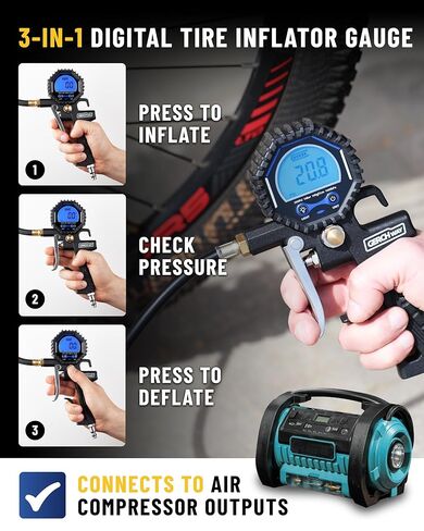 Digital Tire Pressure Gauge with Inflator, Improved Leaks Protection, 200PSI Air Chuck and Compressor Accessories, Extended Hose with 360° Air Chuck in Kuwait