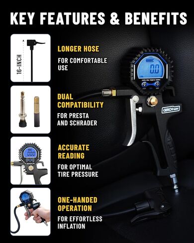 Digital Tire Pressure Gauge with Inflator, Improved Leaks Protection, 200PSI Air Chuck and Compressor Accessories, Extended Hose with 360° Air Chuck in Kuwait