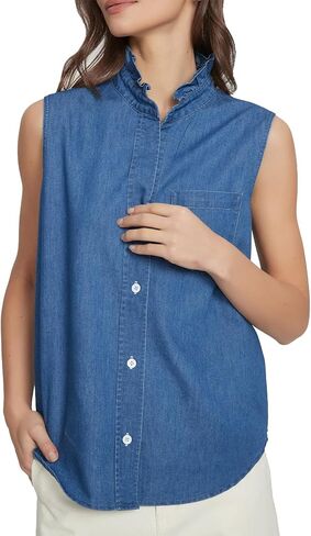 SCOFEEL Women's Ruffle Collar Sleeveless Denim Shirt Lightweight Button Down Chambray Blouse for Summer Casual Jean Top in Saudi Arabia
