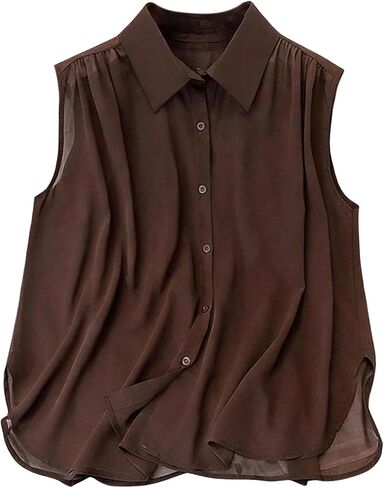 WDIRARA Women's Button Down Sleeveless Shirts Pleated Collar Blouse Chiffon Dressy Tops in Kuwait