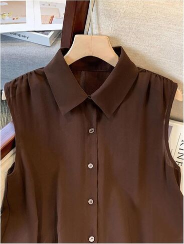 WDIRARA Women's Button Down Sleeveless Shirts Pleated Collar Blouse Chiffon Dressy Tops in Kuwait