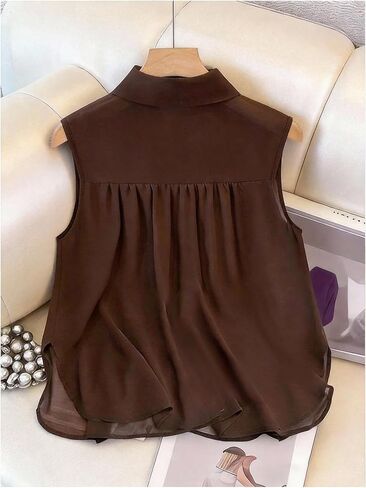 WDIRARA Women's Button Down Sleeveless Shirts Pleated Collar Blouse Chiffon Dressy Tops in Kuwait