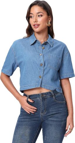 Women's Cropped Denim Shirt Short Sleeve Button Down Collared Jean Top Casual Y2K Blouse with Pockets in Saudi Arabia