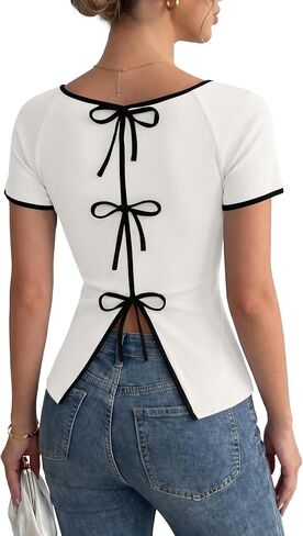 LYANER Women's Ribbed Ribbon Back Split Scoop Neck Short Sleeve Elegant Blouse Top in Kuwait