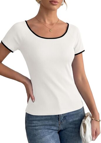 LYANER Women's Ribbed Ribbon Back Split Scoop Neck Short Sleeve Elegant Blouse Top in Kuwait