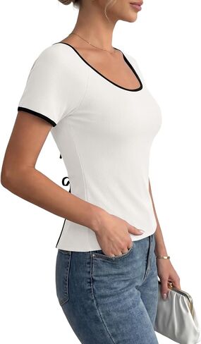 LYANER Women's Ribbed Ribbon Back Split Scoop Neck Short Sleeve Elegant Blouse Top in Kuwait