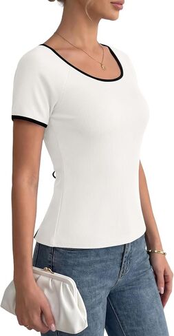 LYANER Women's Ribbed Ribbon Back Split Scoop Neck Short Sleeve Elegant Blouse Top in Kuwait