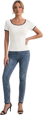 LYANER Women's Ribbed Ribbon Back Split Scoop Neck Short Sleeve Elegant Blouse Top in Kuwait