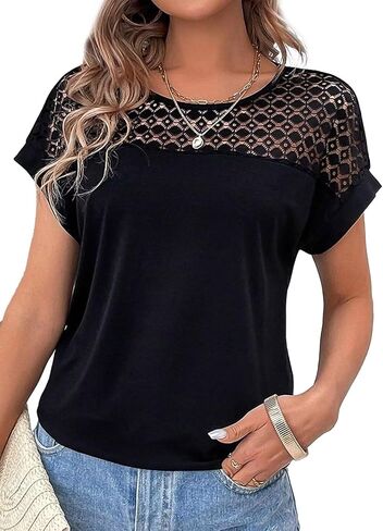 Flamingals Women's Sexy Round Neck Short Sleeve Lace Hollow Out Going Out Work Blouse Top in Saudi Arabia