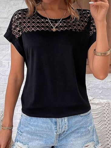 Flamingals Women's Sexy Round Neck Short Sleeve Lace Hollow Out Going Out Work Blouse Top in Kuwait