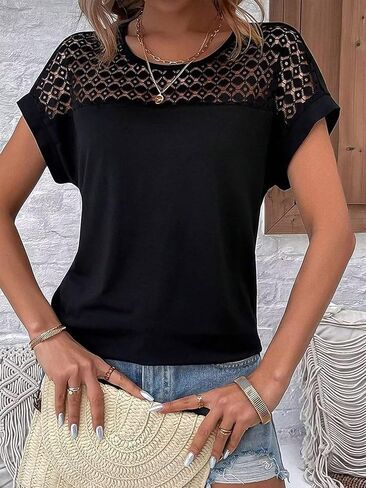 Flamingals Women's Sexy Round Neck Short Sleeve Lace Hollow Out Going Out Work Blouse Top in Kuwait