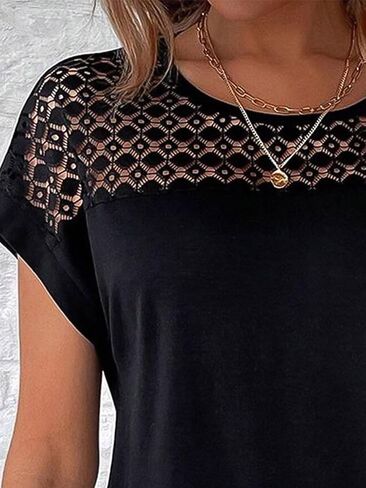 Flamingals Women's Sexy Round Neck Short Sleeve Lace Hollow Out Going Out Work Blouse Top in Kuwait