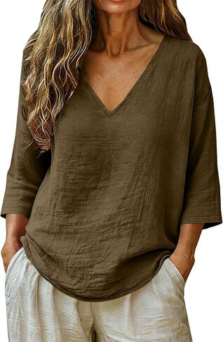 Linen Tops for Women Trendy Summer 3/4 Sleeve V Neck T Shirts Dressy Casual Linen Cotton Loose Fit Plain Boho Blouses in Saudi Arabia