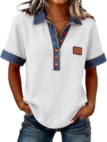 Jean Shirts for Women Denim V Neck Half Button Up Collar Tops Short Sleeve Splicing Western Vintage Loose Blouses in Kuwait