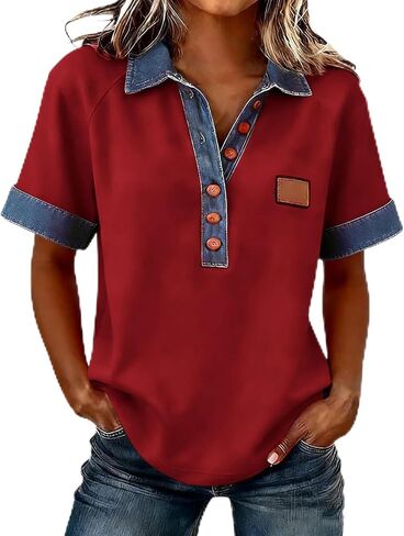 Jean Shirts for Women Denim V Neck Half Button Up Collar Tops Short Sleeve Splicing Western Vintage Loose Blouses in Kuwait