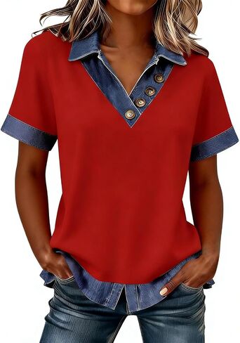 Jean Shirts for Women Denim V Neck Half Button Up Collar Tops Short Sleeve Splicing Western Vintage Loose Blouses in Kuwait