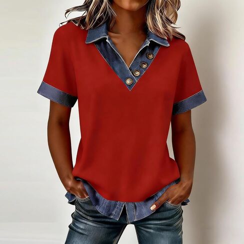 Jean Shirts for Women Denim V Neck Half Button Up Collar Tops Short Sleeve Splicing Western Vintage Loose Blouses in Kuwait