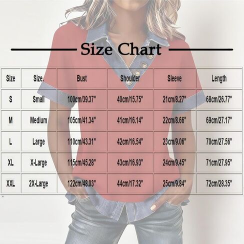 Jean Shirts for Women Denim V Neck Half Button Up Collar Tops Short Sleeve Splicing Western Vintage Loose Blouses in Kuwait