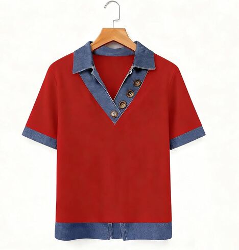 Jean Shirts for Women Denim V Neck Half Button Up Collar Tops Short Sleeve Splicing Western Vintage Loose Blouses in Kuwait