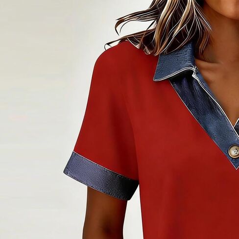 Jean Shirts for Women Denim V Neck Half Button Up Collar Tops Short Sleeve Splicing Western Vintage Loose Blouses in Kuwait