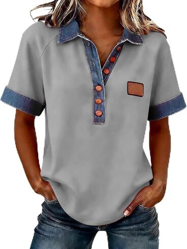 Jean Shirts for Women Denim V Neck Half Button Up Collar Tops Short Sleeve Splicing Western Vintage Loose Blouses in Kuwait