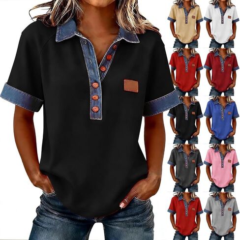 Jean Shirts for Women Denim V Neck Half Button Up Collar Tops Short Sleeve Splicing Western Vintage Loose Blouses in Kuwait