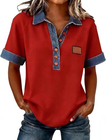 Jean Shirts for Women Denim V Neck Half Button Up Collar Tops Short Sleeve Splicing Western Vintage Loose Blouses in Kuwait