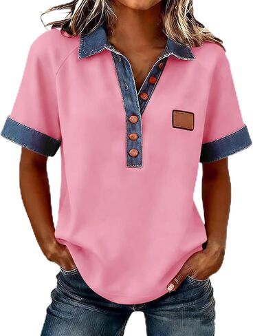 Jean Shirts for Women Denim V Neck Half Button Up Collar Tops Short Sleeve Splicing Western Vintage Loose Blouses in Kuwait
