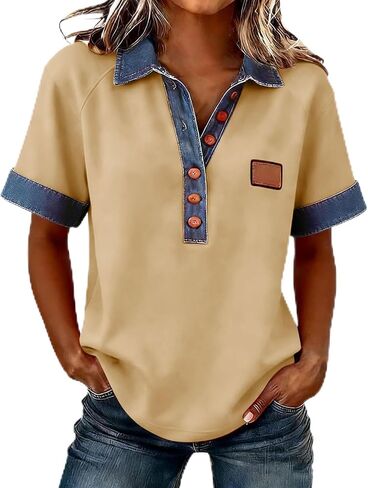 Jean Shirts for Women Denim V Neck Half Button Up Collar Tops Short Sleeve Splicing Western Vintage Loose Blouses in Kuwait