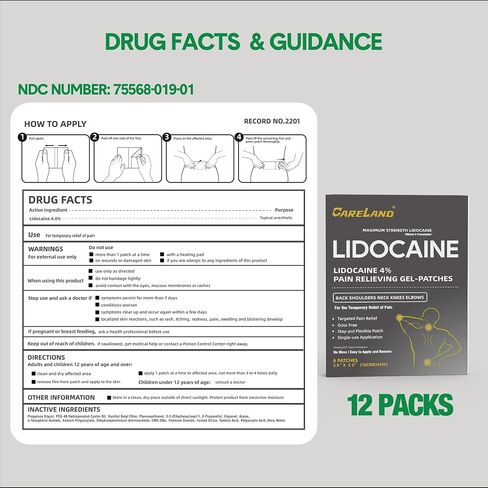 CARELAND 4% Lidocaine Gel Patches, 72 Count | Maximum Strength Pain Relief Patches for Muscle Relief in Neck Knee Back and Shoulders | Unscented Numbing Patch for Soothing Nerves, Joints in Kuwait