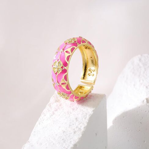 18K Gold Plated Dainty Enamel Rings For Women Flower Shape Clear CZ Zircon Brass Jewelry Birthday Gift in Saudi Arabia