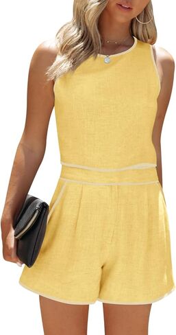 Fessceruna Women's 2 Piece Outfits Sleeveless Crop Zip Back Tank Top and High Waist Shorts Summer Contrast Workout Sets in Saudi Arabia
