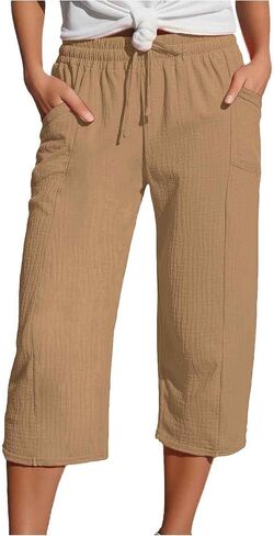 Aniywn Yoga Capris with Pockets for Women Wide Leg Cotton Linen Pants Casual Loose Comfy Trendy Elastic Waist Cropped Trouser in Kuwait