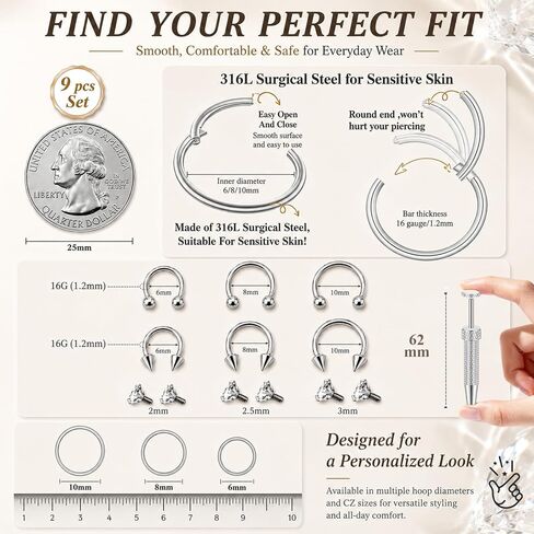 16G Septum Rings Set with Grabber Tool, 9PCS Hypoallergenic 316L Surgical Steel Horseshoe Nose Rings, 6/8/10mm Septum Jewelry with Replacement CZ Ball Ends for Helix, Cartilage & Tragus Piercings for Women & Men in Saudi Arabia
