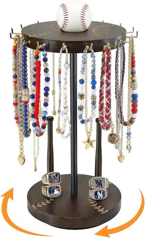 Baseball Drip Necklace Organizer Holder, Brown | 360° Rotating , 16 Hooks , Championship Ring & Necklace Display, Baseball & Softball Gift ﻿ in Saudi Arabia