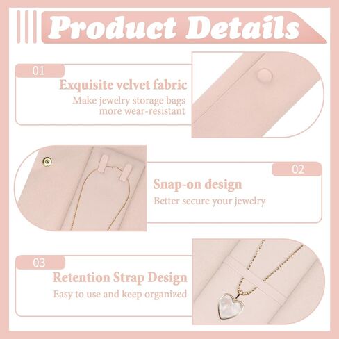ASTIMESA 3 Packs Microfiber No Tangle Necklace Travel Case, Portable Individual Jewelry Roll Organizer Travel Pouch Holder Storage Bag Gift for Women Long Bracelet Pink in Saudi Arabia