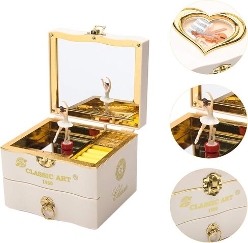 Musical Jewellery Box with Dancing Ballerina, Classic Rotating Birthday Music Box with Mirror, Jewelry Necklace Ring Storage Music Box, Gifts for Birthday Bedroom Decor(White) in Saudi Arabia
