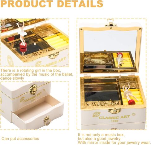 Musical Jewellery Box with Dancing Ballerina, Classic Rotating Birthday Music Box with Mirror, Jewelry Necklace Ring Storage Music Box, Gifts for Birthday Bedroom Decor(White) in Saudi Arabia